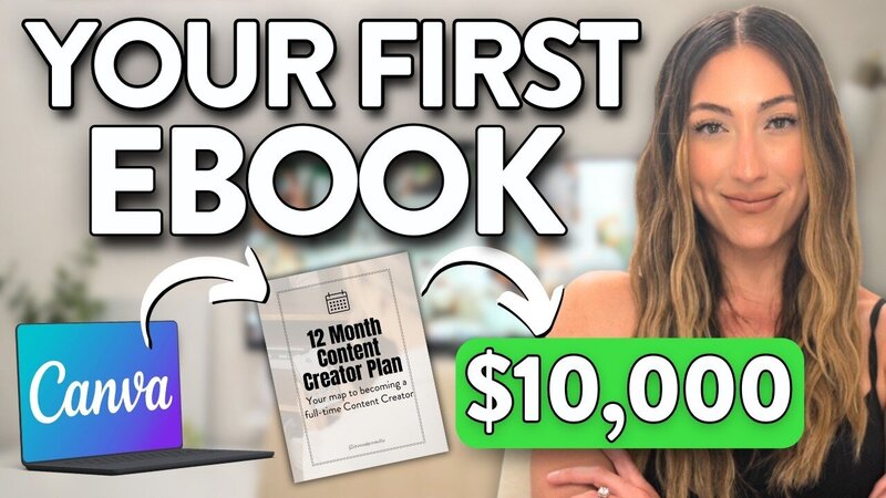 Millie with folded arms, your first ebook showing canva icon and 10000 usd