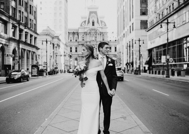 bride and groom at City Hall in Philadelphia