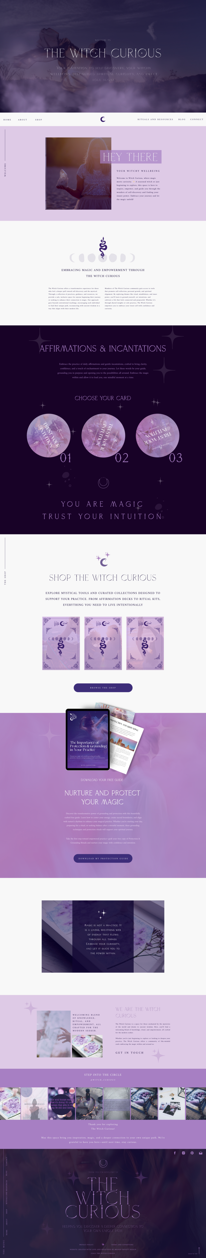 The Witch Curious website homepage design showcasing serene colors and calming user interface for a spiritual wellness brand.