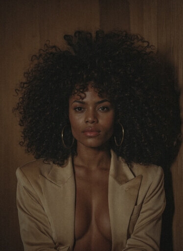 Portrait of a confident woman with natural curly hair, embodying strength and self-assurance.