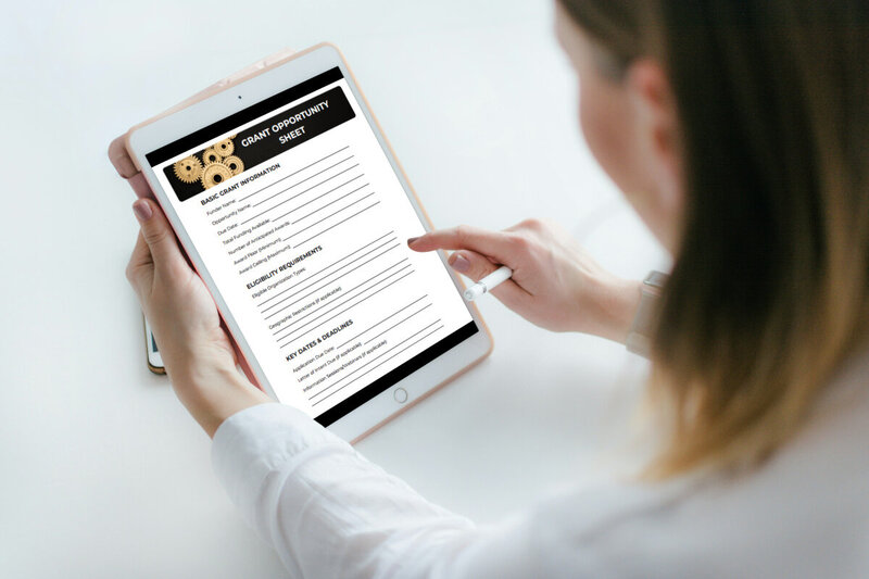 Over-the-shoulder view of iPad with grant summary sheet on screen.