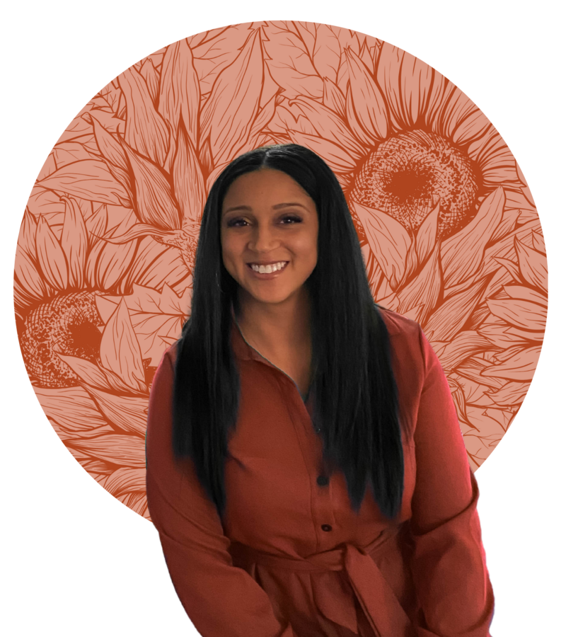 A portrait of Brittney with a background of sunflowers behind her