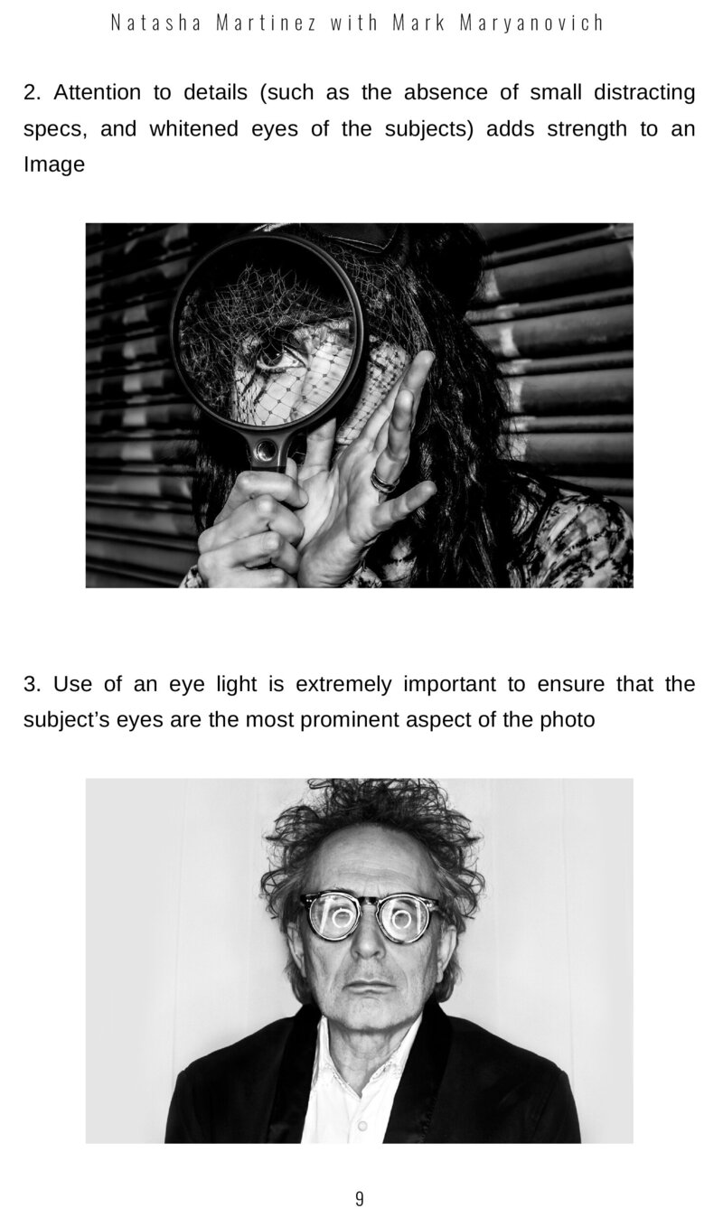 Photography tips two and three from Photography Business Basics book with corresponding example images in black and white