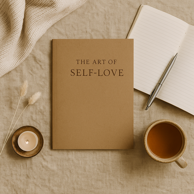 A flat lay featuring self-help and journaling items on a textured beige surface, including a soft-bound notebook, coffee mug, candle, and cozy blanket — ideal for themes of self-love, mindfulness, and emotional healing.