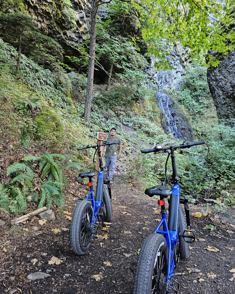 Pause amidst lush foliage with two blue electric bikes, perfect for a rejuvenating break in nature at Viento State Park with The Gorge E-Bike Adventure Rentals