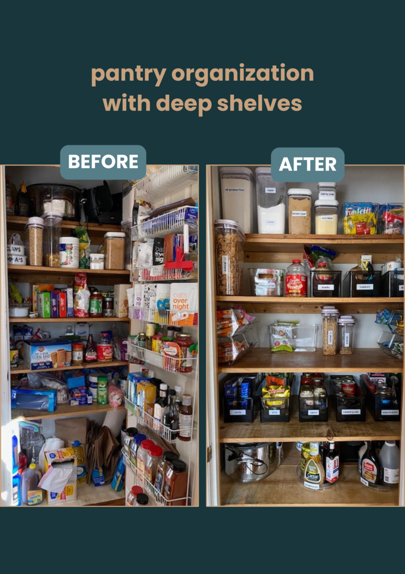 home organization for a pantry with deep shelves