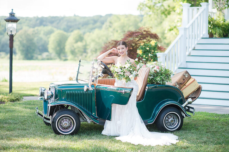 editorial bridal portrait with vintage car