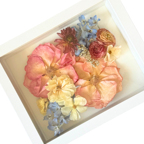 Pressed wedding bouquet flowers preserved in a custom frame and shadow box, Granbury TX