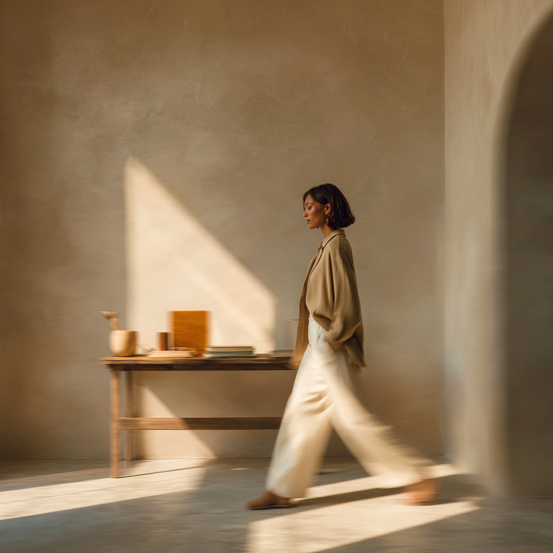 girl walks through sundrenched web design studio in neutral clothing with motion blur