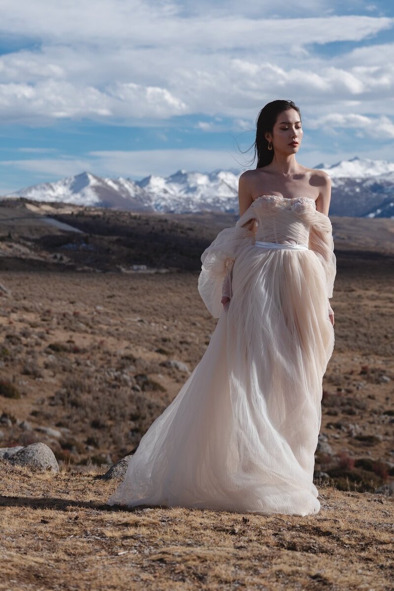 Couture bride shot in dramatic mountain scape.