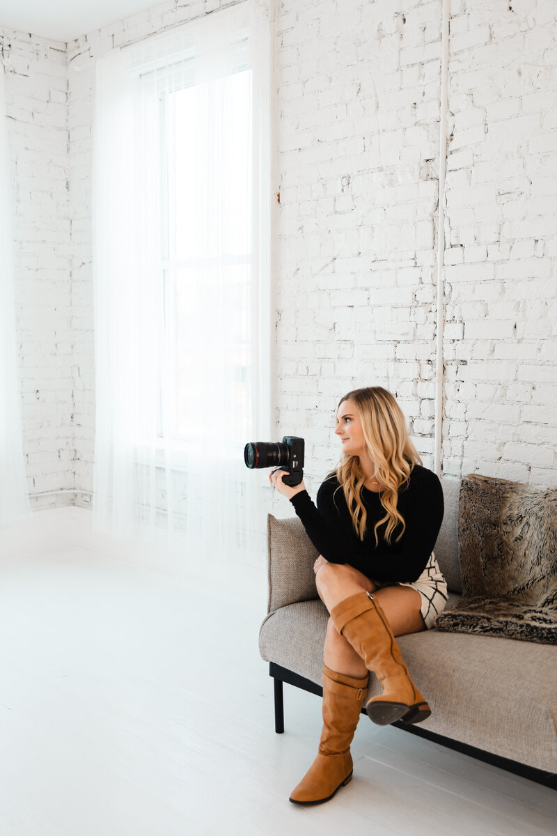 Branding photos taken in a studio setting, showcasing a professional and polished look with clean, intentional styling for business and personal branding.