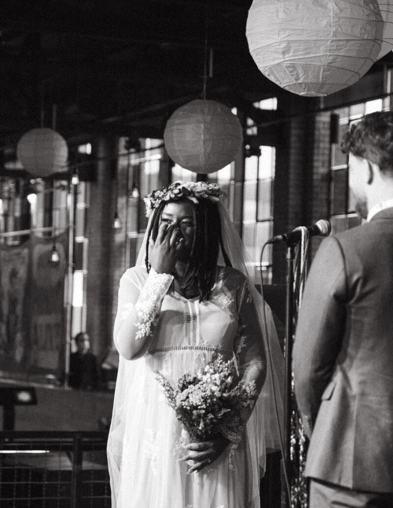 Brooklyn Bowl wedding ceremony bride crying