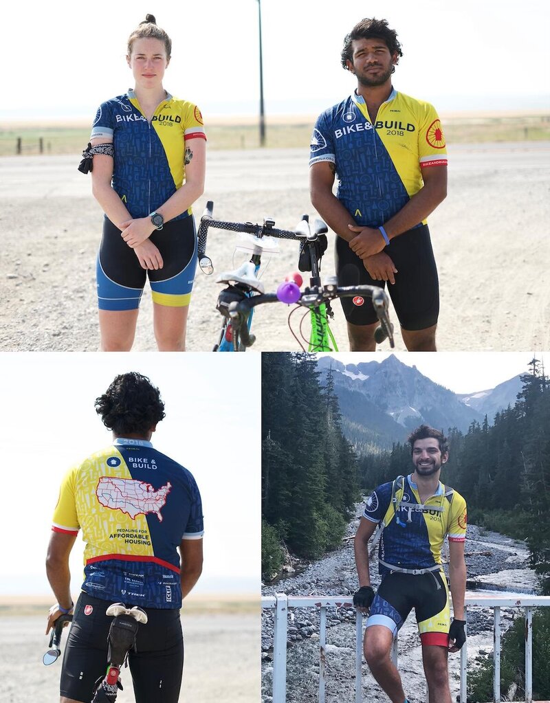 Collage of images of people in yellow and blue cycling kits riding bikes