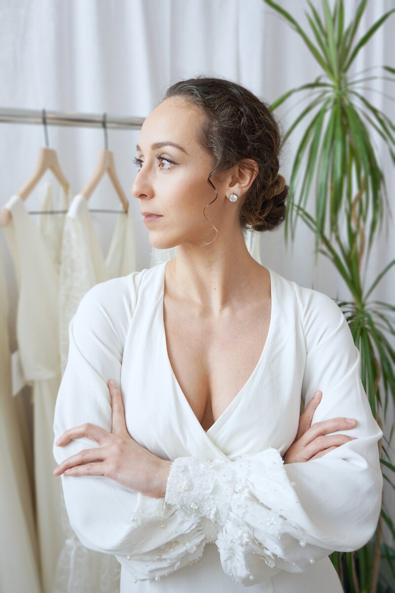 Long bishop sleeve wedding dress with high back
