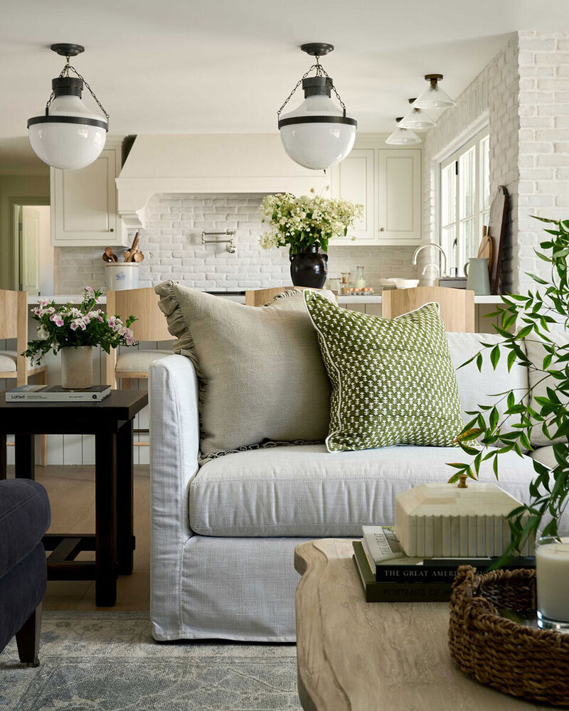Southern California living room with reclaimed wood table and timeless interior design
