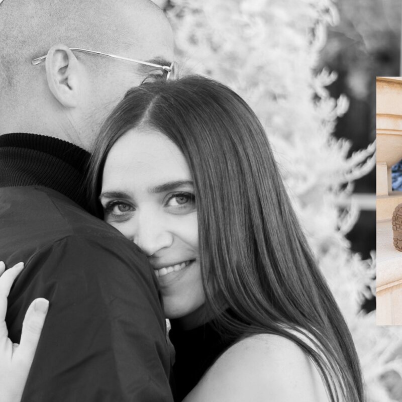 photo of a  woman hugging her husband looking at the camera over his shoulder