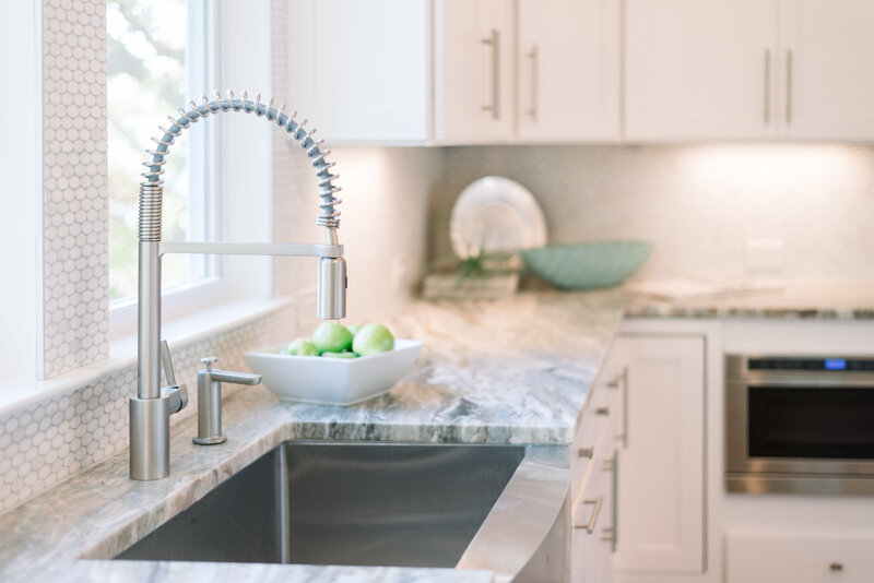 kitchen sink with gray and white marble