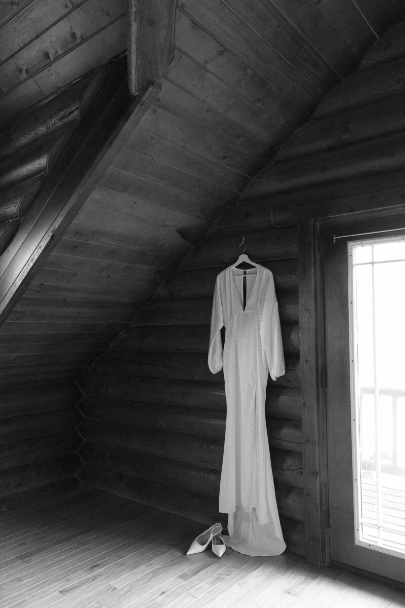 Black and white wedding dress hanging