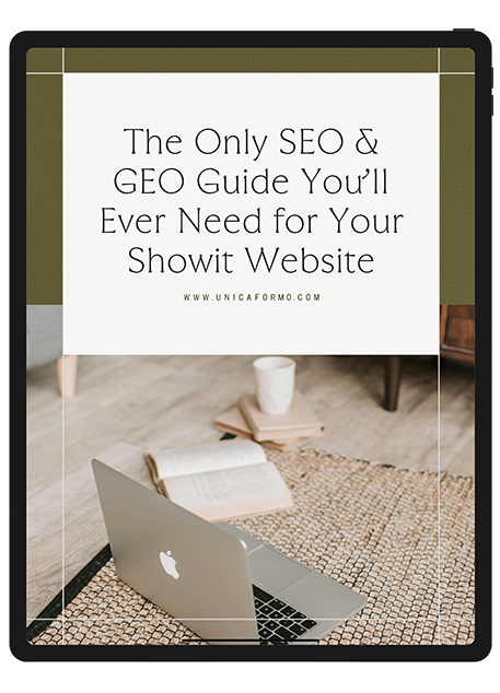 iPad displaying the Showit SEO Checklist guide, designed to help users easily add SEO to their Showit website.