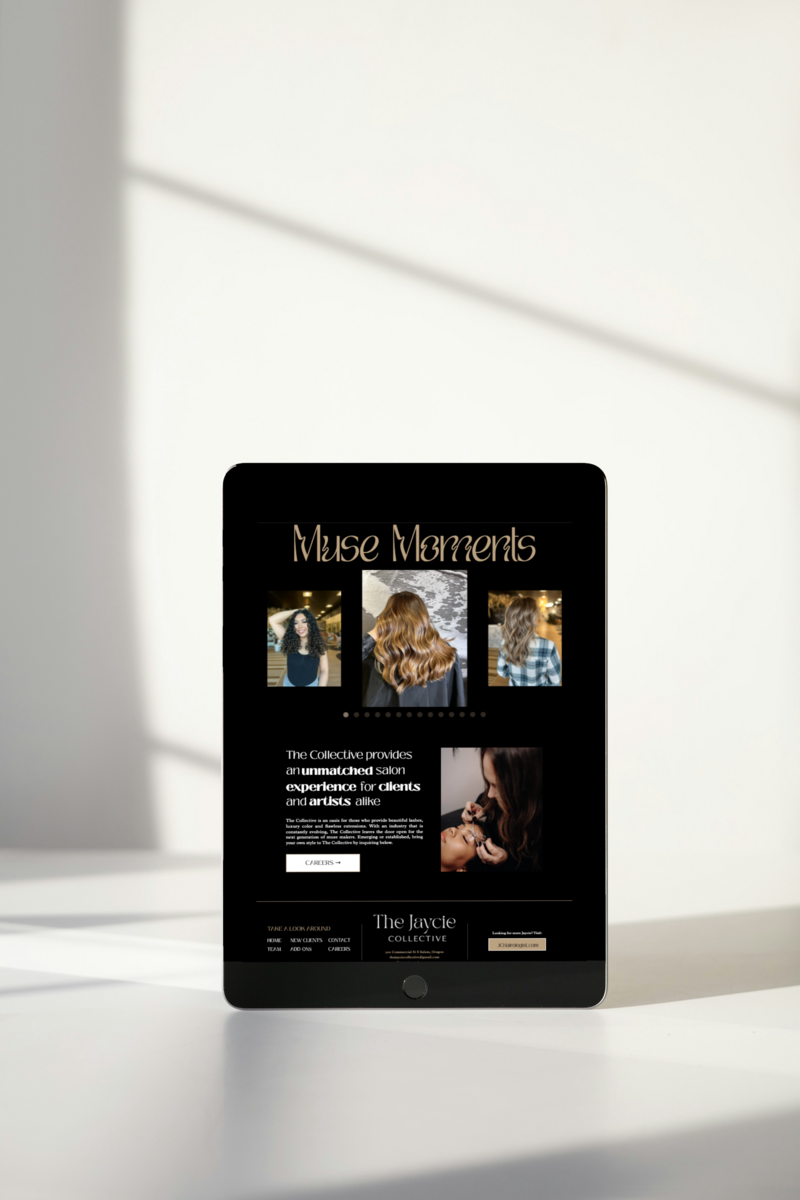 A tablet mockup showcasing the brand messaging of The Jaycie Collective which has a unique position in the market thanks to Ruby Works' salon strategy