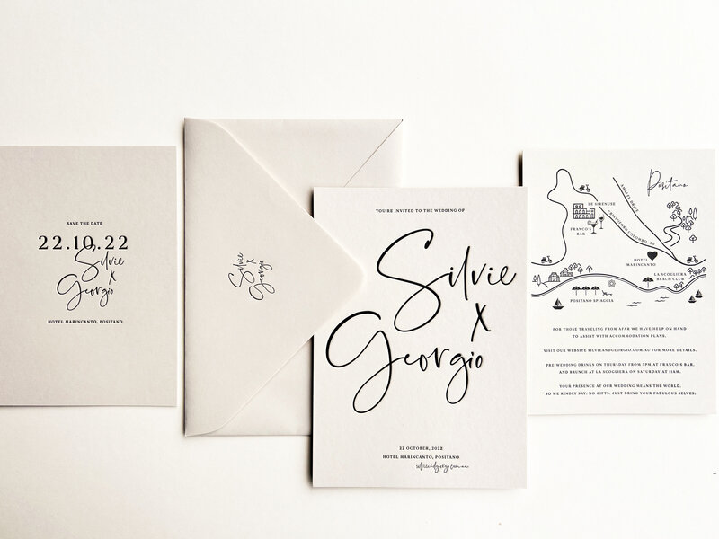 Sylvie oversized lettering letterpress wedding suite with save teh date card, envelope, invitation and custom map