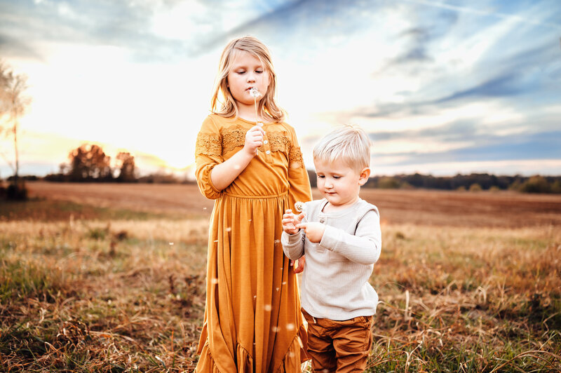 Bowling Green, Kentucky Family photographer.  Little Boy and girl blowing dandelions at sunset.