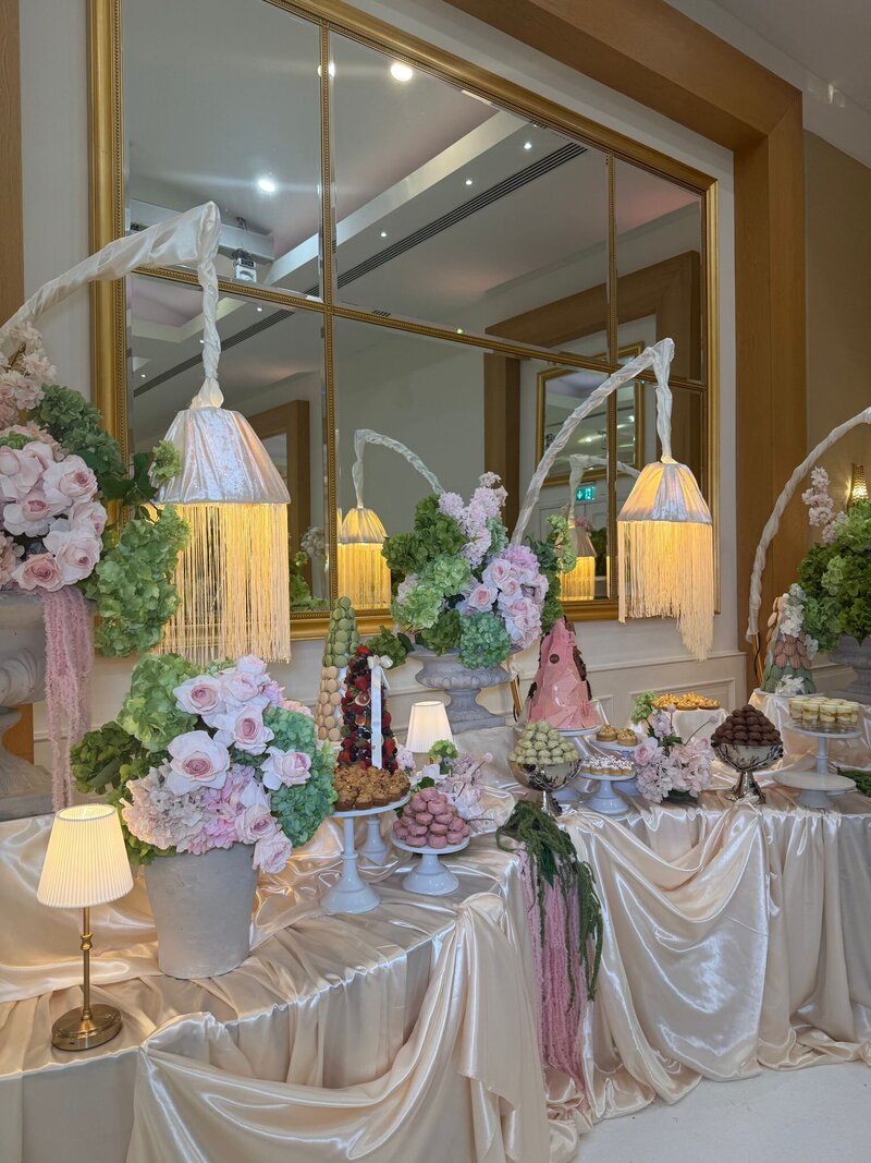 Decorated dessert table at London wedding reception
