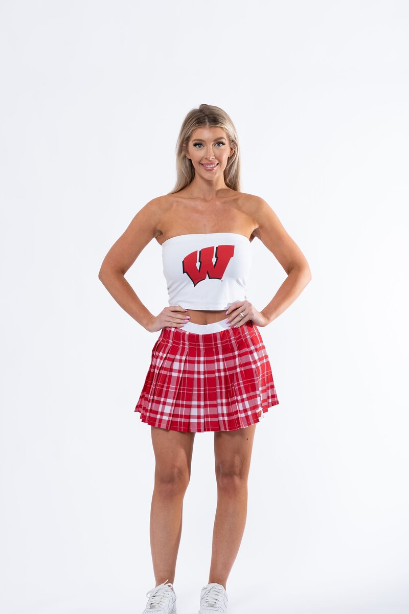 Pleated white and red checkered skirt with college logo for game day