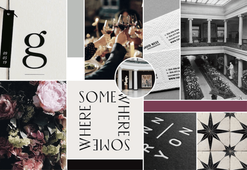 A design moodboard with black and white images, moody florals, and a pop of plum