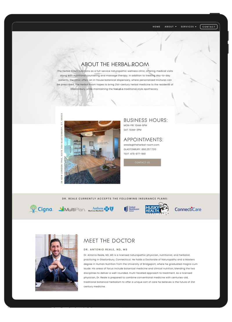 Screenshot of the About Me page on The Herbal Room’s website, featuring a photo of Emily Austin along with a personalized introduction and therapeutic approach.