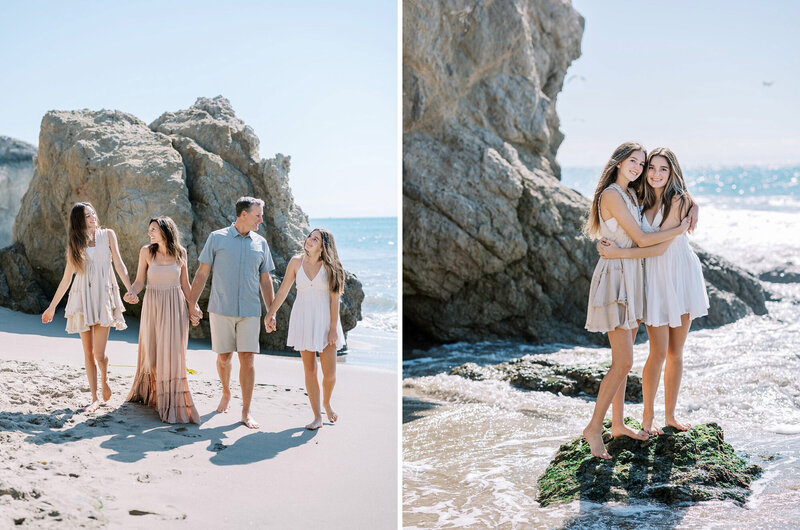 A family with teenage dauthers laughs together on the beach during a photo session in Malibu