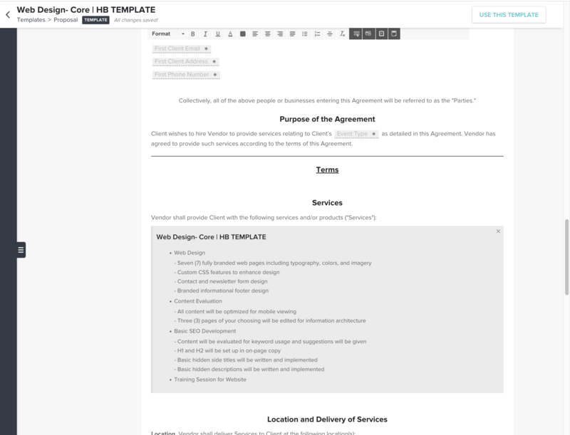 Screenshot of a Honeybook contract