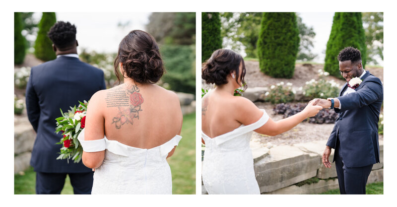 A bride and groom laugh as they exit their wedding ceremony