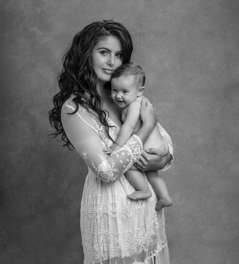 Classic black and white portrait with mom and baby.