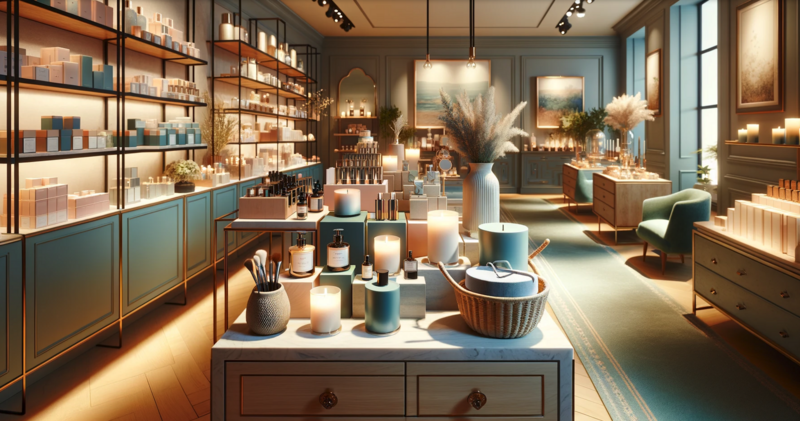 Upscale home decor retail shop showcasing luxury candles, gifts, and home decor.