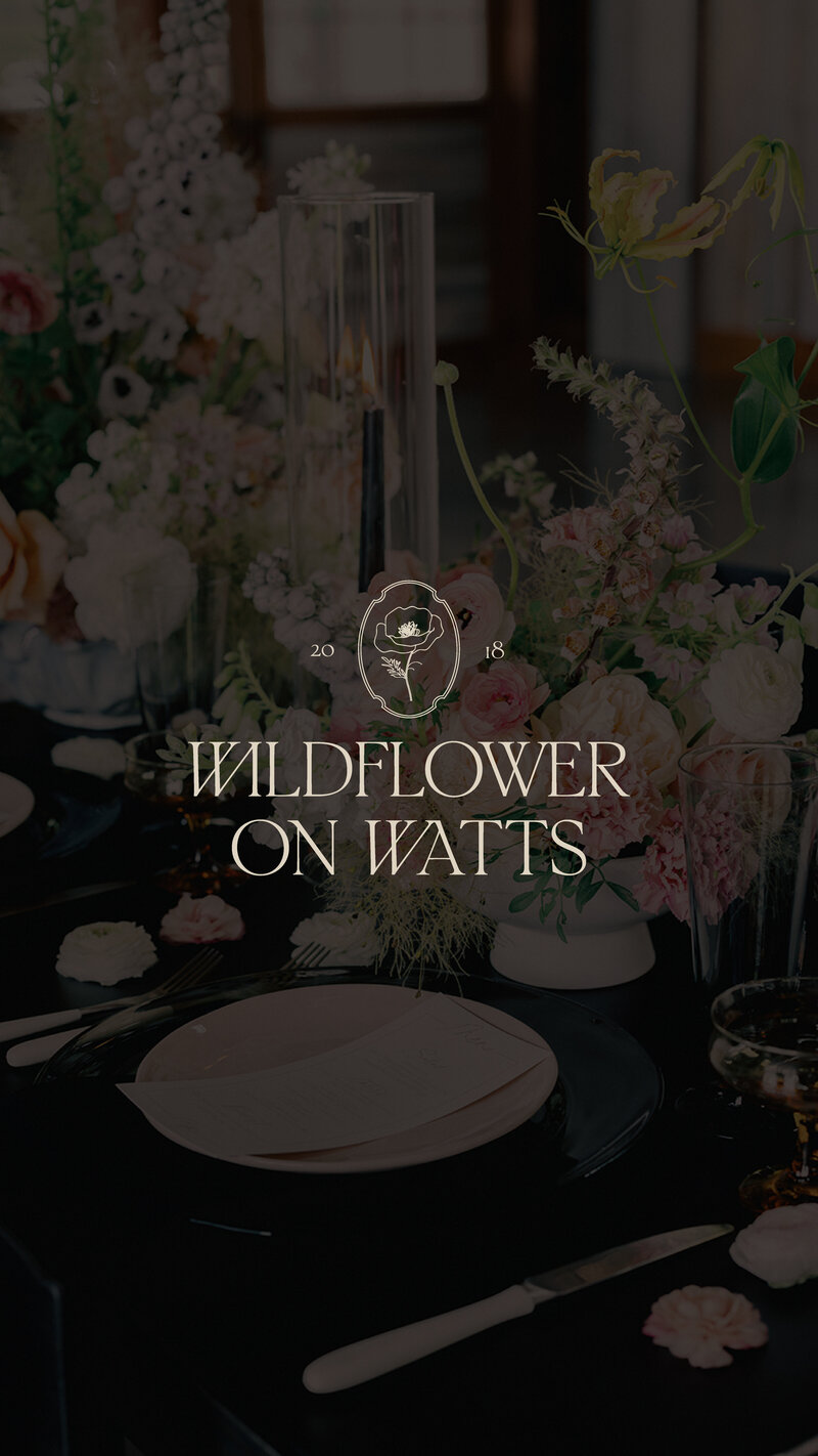 Wildflower on Watts logo on a transparent image of a table setting with floral arrangements