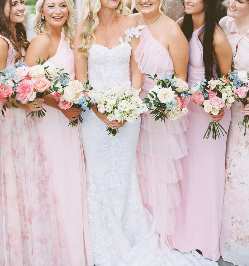 Close up image of bouquets being held by bride and her bridesmaids