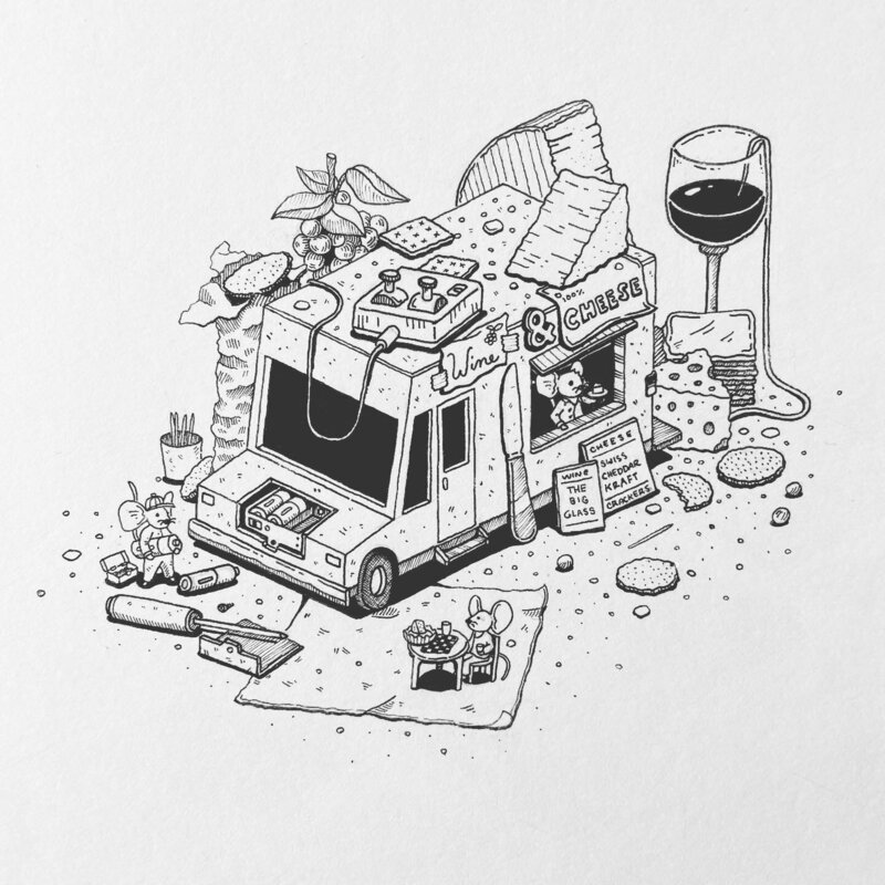 Isometric Pen and Ink illustration of mice operating a wine and cheese food truck built from a remote control toy.