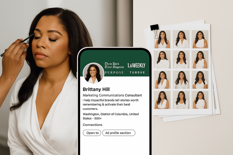 Woman getting makeup done, styled social profiles, and 20 polished headshots.
