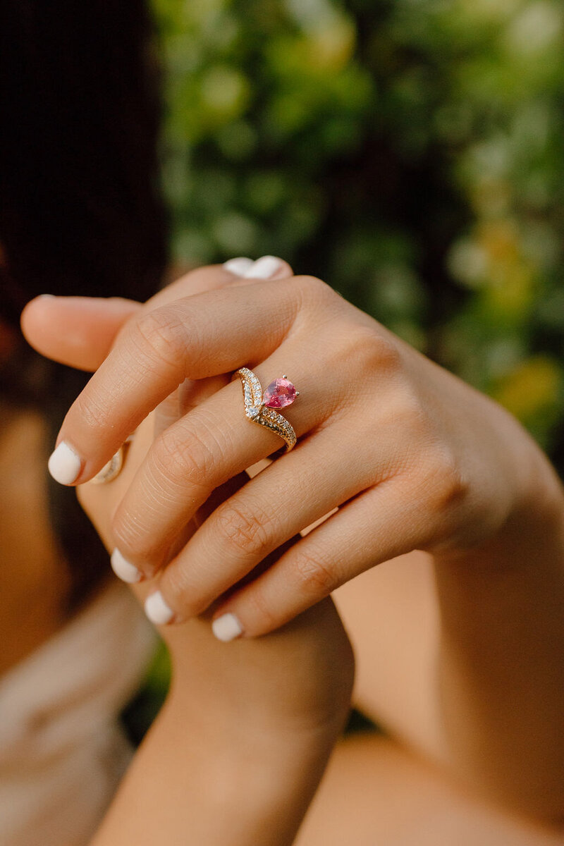 Natural pink spinel and diamond ring in 14k gold