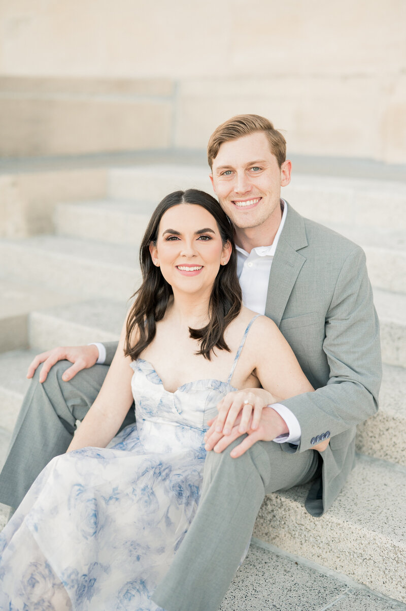 Bride and groom walk up memorial steps at their DC wedding