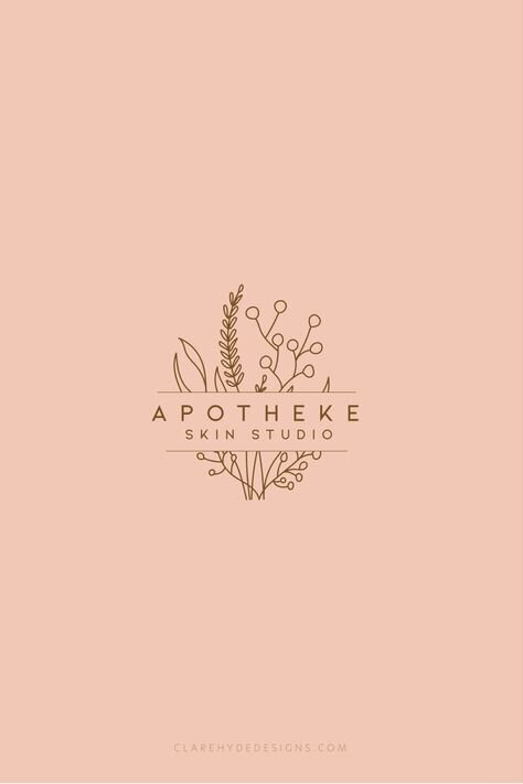 A line art style simple bouquet split in the center with the name Apotheke Skin Studio in brownish on a dusty pink background