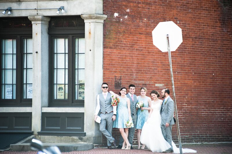 Wedding party casual brick wall old city Philadelphia - Annie Hosfeld Photography