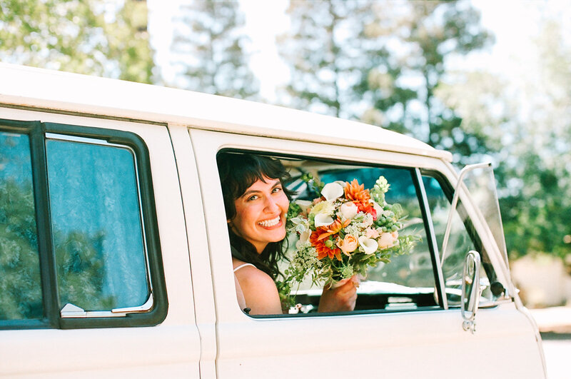 Bride on her elopement day on VW bus 