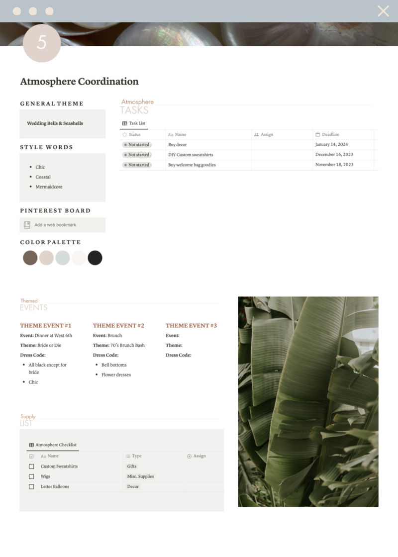 Notion bachelorette trip planner atmosphere coordination page