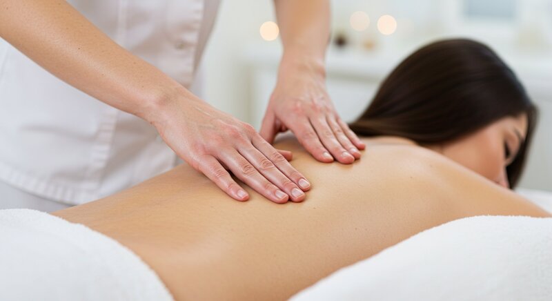 Therapist applying light pressure on client’s back during lymphatic massage
