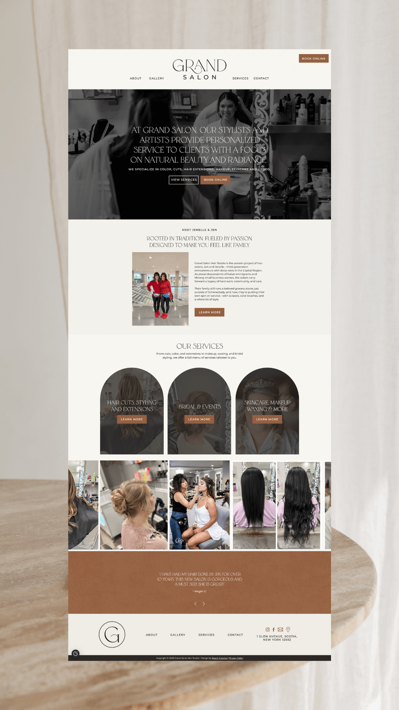 Screenshot of the Grand Salon hair salon website design homepage featuring sections for about, services, special events, gift cards, stylist photos, and contact info. The design uses a neutral color palette with beauty and hair styling imagery.