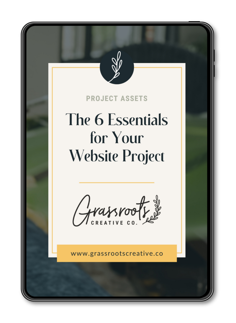 Mock-up of a tablet displaying "Project Assets: The 6 Essentials for Your Website Project," highlighting key elements for a successful website build.
