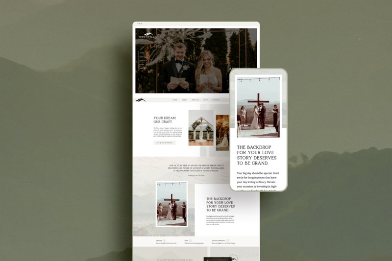 Timeless, elegant ShowIt web design for wedding vendor, including desktop and mobile mockup on olive green background, designed by Knoxville agency Liberty Type