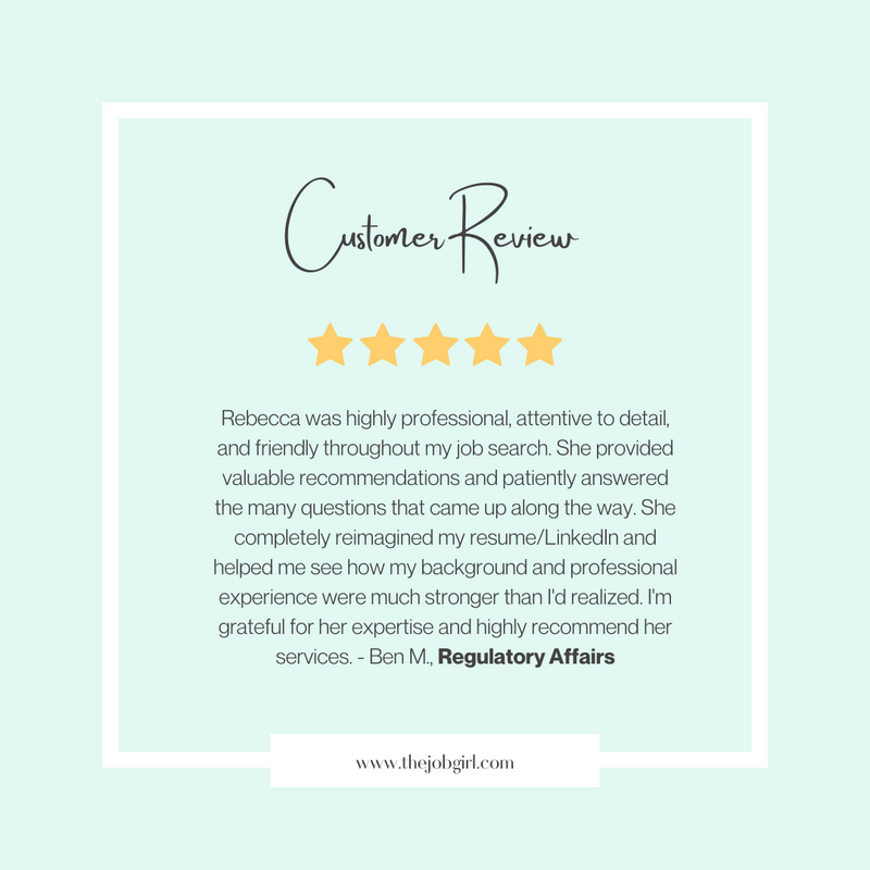 5-star client review for The Job Girl from high-achieving professionals in pharma, biotech, life sciences, and executive leadership roles.

